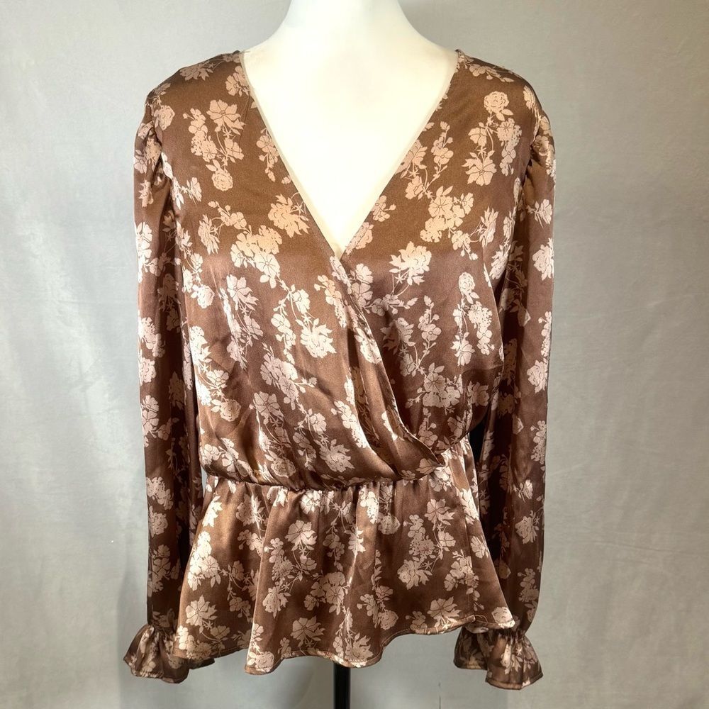 A love story long ruffle sleeve copper satin floral faux wrap peplum top size XL